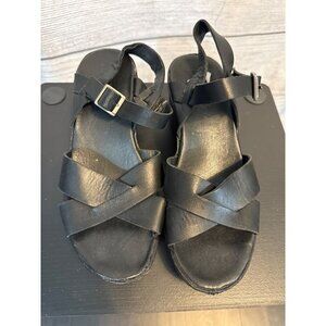 Korks Black Leather Platform Sandals With Ankle Strap & Buckles Size 8